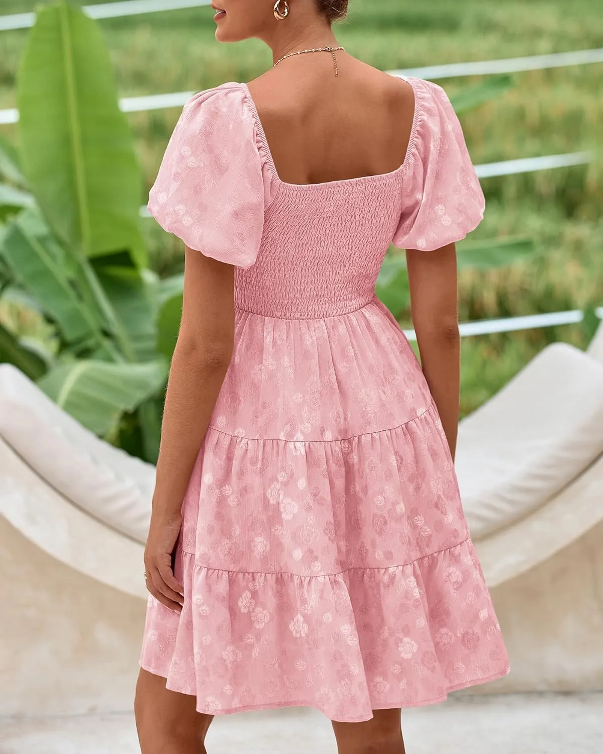 dowerme Womens Summer Dresses 2025 Puff Short Sleeve Square Neck Smocked Floral Wedding Guest Mini Dress with Pockets