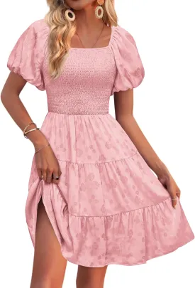 dowerme Womens Summer Dresses 2025 Puff Short Sleeve Square Neck Smocked Floral Wedding Guest Mini Dress with Pockets
