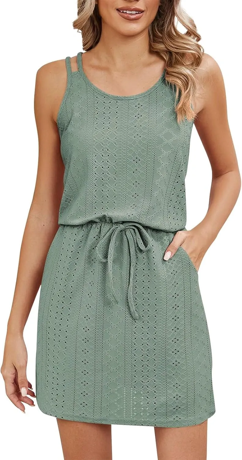 Eyelet Sundresses for Women 2024 Mini Swimsuit Cover Up Casual Summer Crewneck Drawstring Waist Dress Comfy Slip Dress