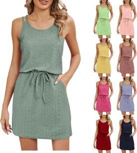 Eyelet Sundresses for Women 2024 Mini Swimsuit Cover Up Casual Summer Crewneck Drawstring Waist Dress Comfy Slip Dress