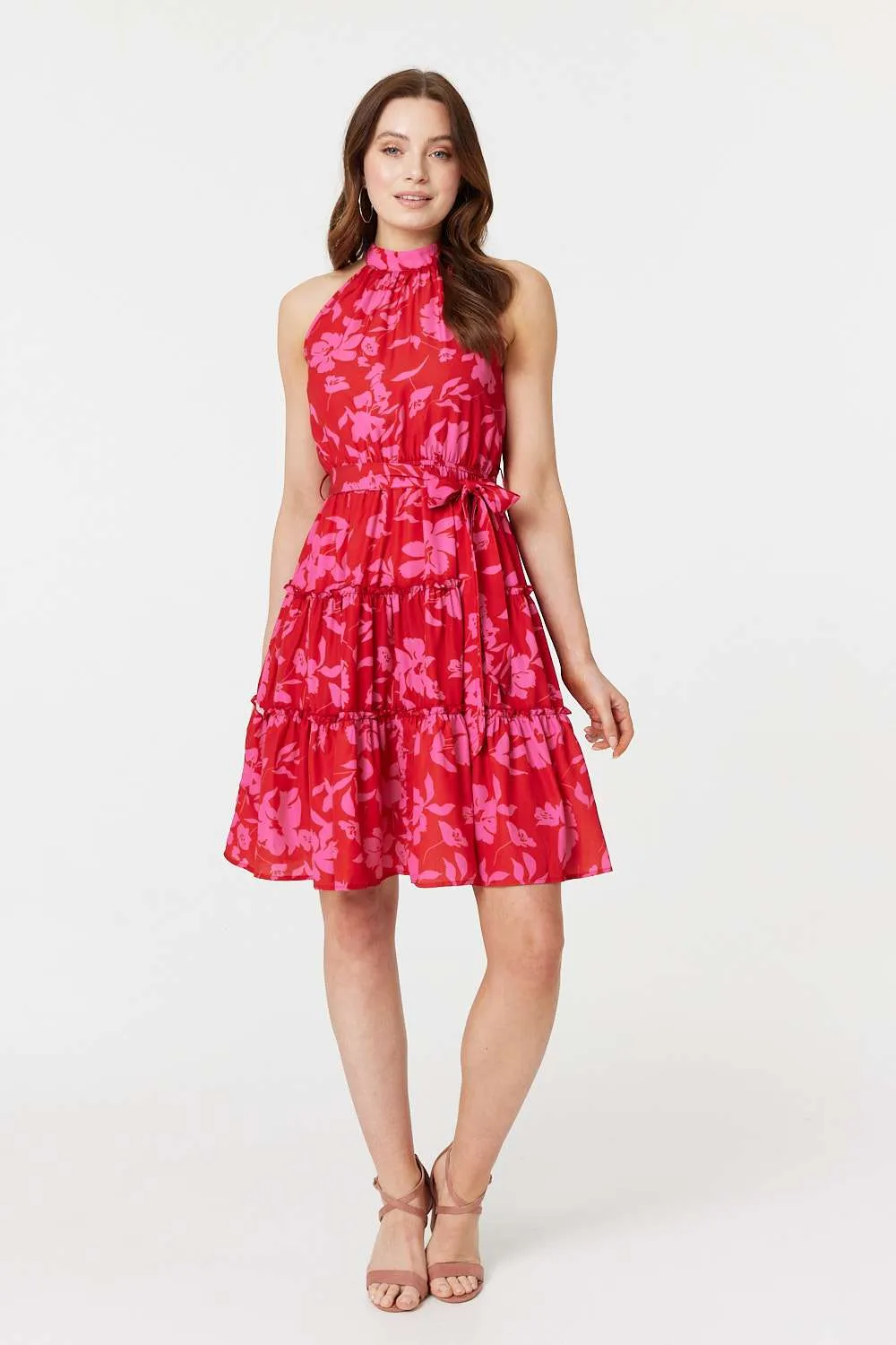 Floral Halter Neck Short Tiered Dress