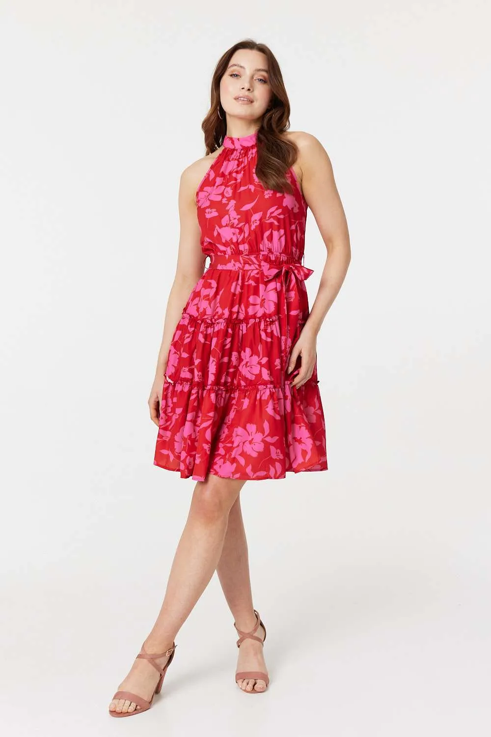 Floral Halter Neck Short Tiered Dress