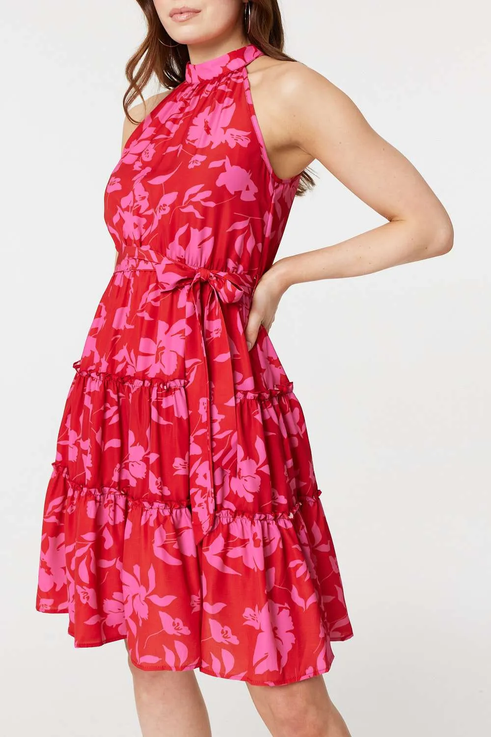 Floral Halter Neck Short Tiered Dress