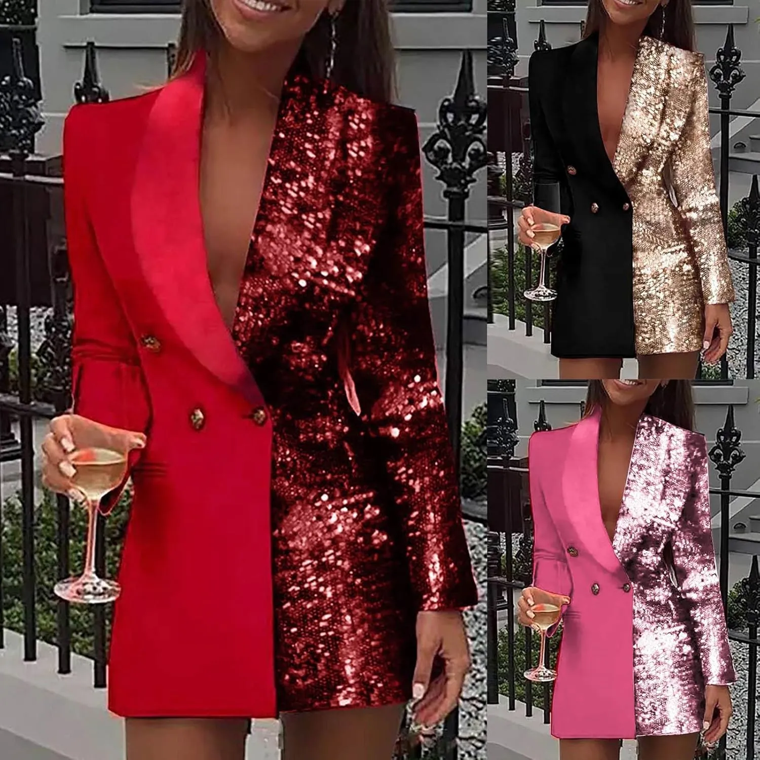 HGps8w Double Breasted Sequins Blazer Dress for Women Sexy Colorblock Long Blazers Jackets Formal Evening Party Club Outfit