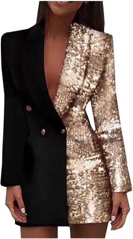 HGps8w Double Breasted Sequins Blazer Dress for Women Sexy Colorblock Long Blazers Jackets Formal Evening Party Club Outfit
