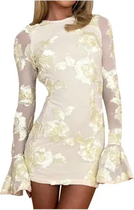 HGps8w Women's Floral Embroidered Sexy Bodycon Cocktail Dresses - Mesh Bell Long Sleeve Evening Party Club Mini Dress
