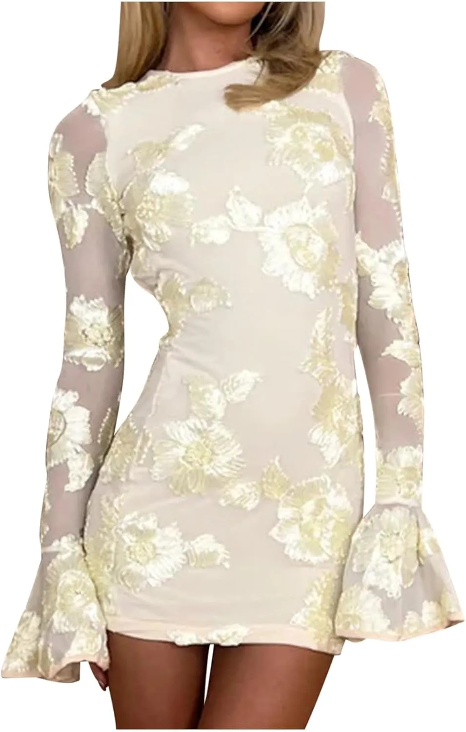 HGps8w Women's Floral Embroidered Sexy Bodycon Cocktail Dresses - Mesh Bell Long Sleeve Evening Party Club Mini Dress