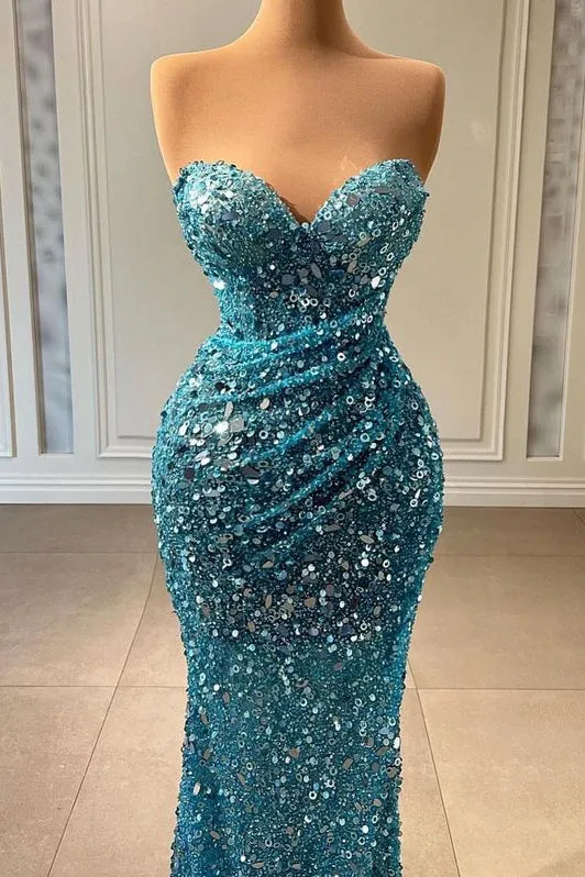 kamahe Stunning Sweetheart Blue Mermaid Prom Dress Long With Sequins Beads