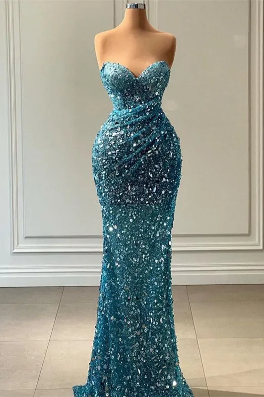 kamahe Stunning Sweetheart Blue Mermaid Prom Dress Long With Sequins Beads