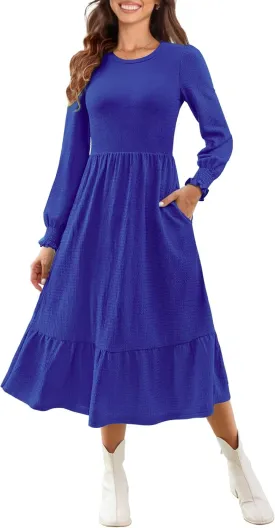 Kranda Women 2025 Fall Spring Long Sleeve Crewneck Causal Flowy Pleated Tiered A-Line Wedding Party Midi Dresses with Pockets