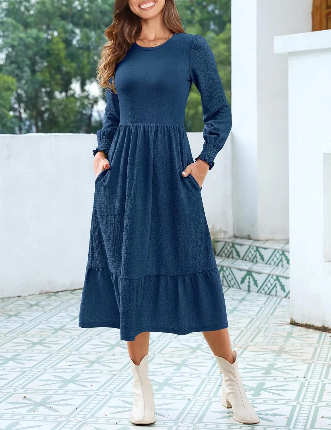 Kranda Women 2025 Fall Spring Long Sleeve Crewneck Causal Flowy Pleated Tiered A-Line Wedding Party Midi Dresses with Pockets