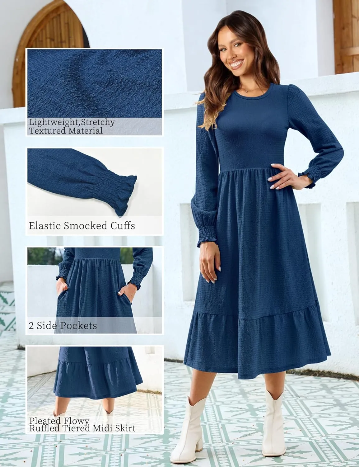 Kranda Women 2025 Fall Spring Long Sleeve Crewneck Causal Flowy Pleated Tiered A-Line Wedding Party Midi Dresses with Pockets