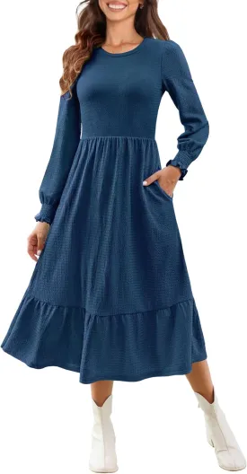 Kranda Women 2025 Fall Spring Long Sleeve Crewneck Causal Flowy Pleated Tiered A-Line Wedding Party Midi Dresses with Pockets