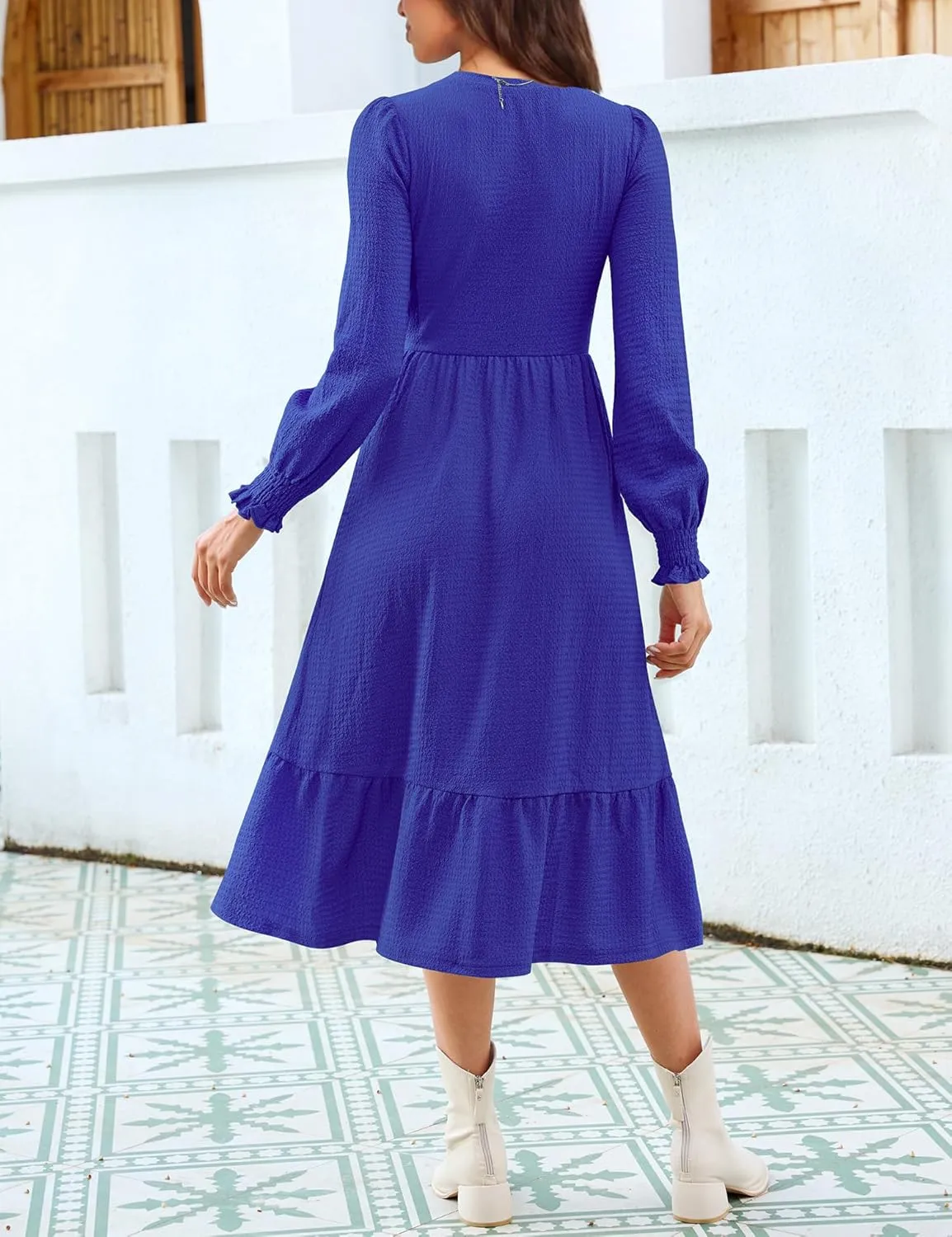 Kranda Women 2025 Fall Spring Long Sleeve Crewneck Causal Flowy Pleated Tiered A-Line Wedding Party Midi Dresses with Pockets