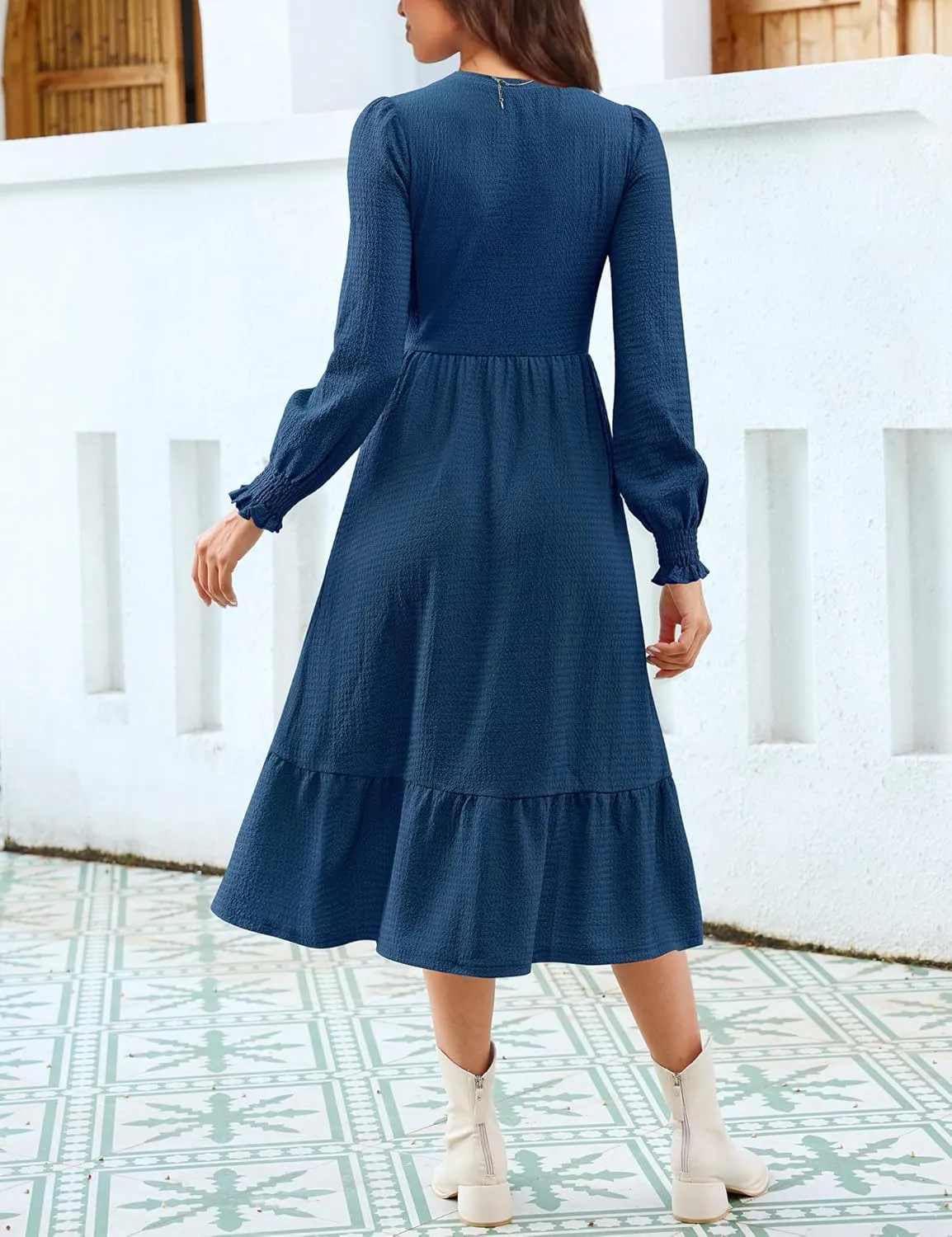 Kranda Women 2025 Fall Spring Long Sleeve Crewneck Causal Flowy Pleated Tiered A-Line Wedding Party Midi Dresses with Pockets