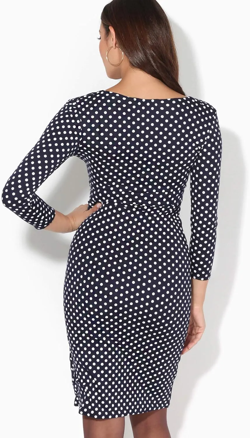 KRISP Women Long 3/4 Sleeve Pencil Bodycon Day Dress Stretch V-Neck Midi Knee Long Casual Printed