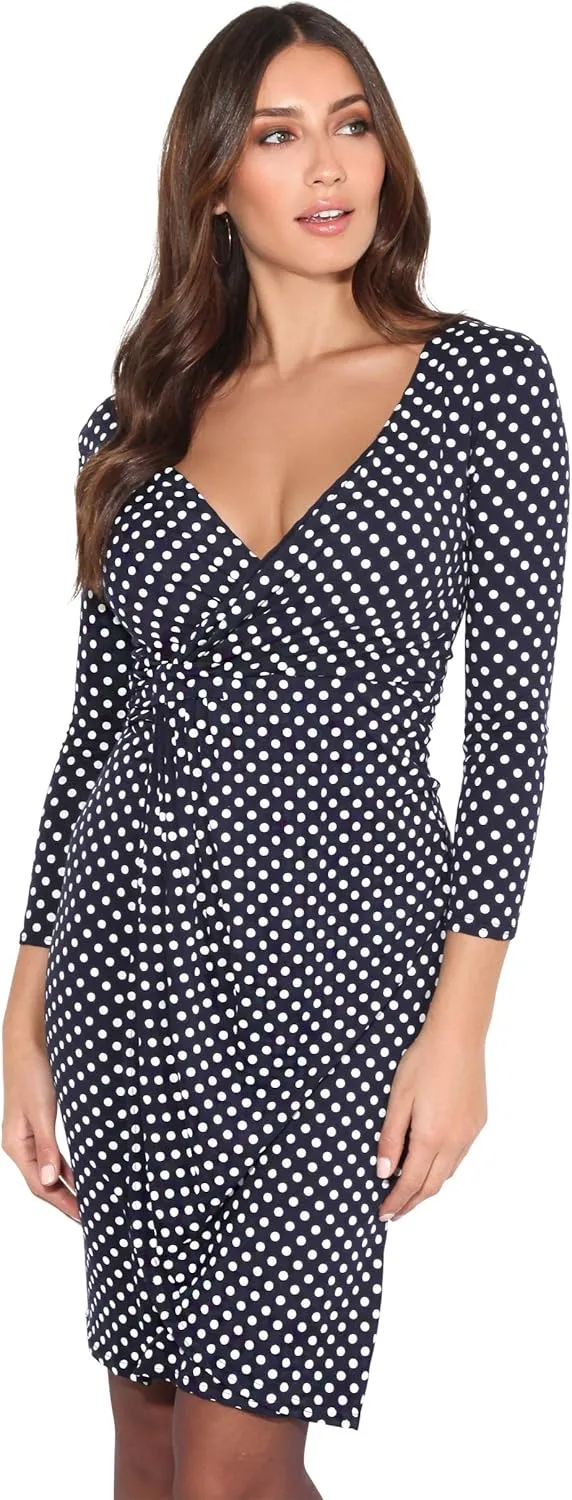 KRISP Women Long 3/4 Sleeve Pencil Bodycon Day Dress Stretch V-Neck Midi Knee Long Casual Printed