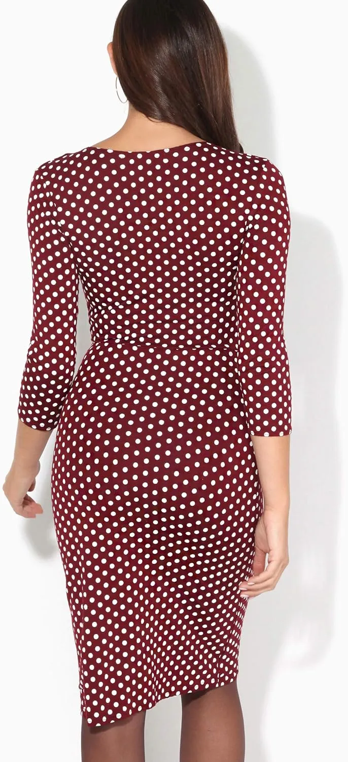KRISP Women Long 3/4 Sleeve Pencil Bodycon Day Dress Stretch V-Neck Midi Knee Long Casual Printed