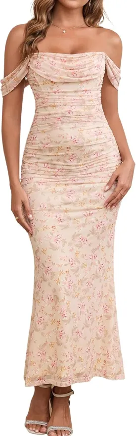 KUTUMAI Off The Shoulder Maxi Long Dress Corset Ruched Bodycon Formal Wedding Guest Dresses for Women