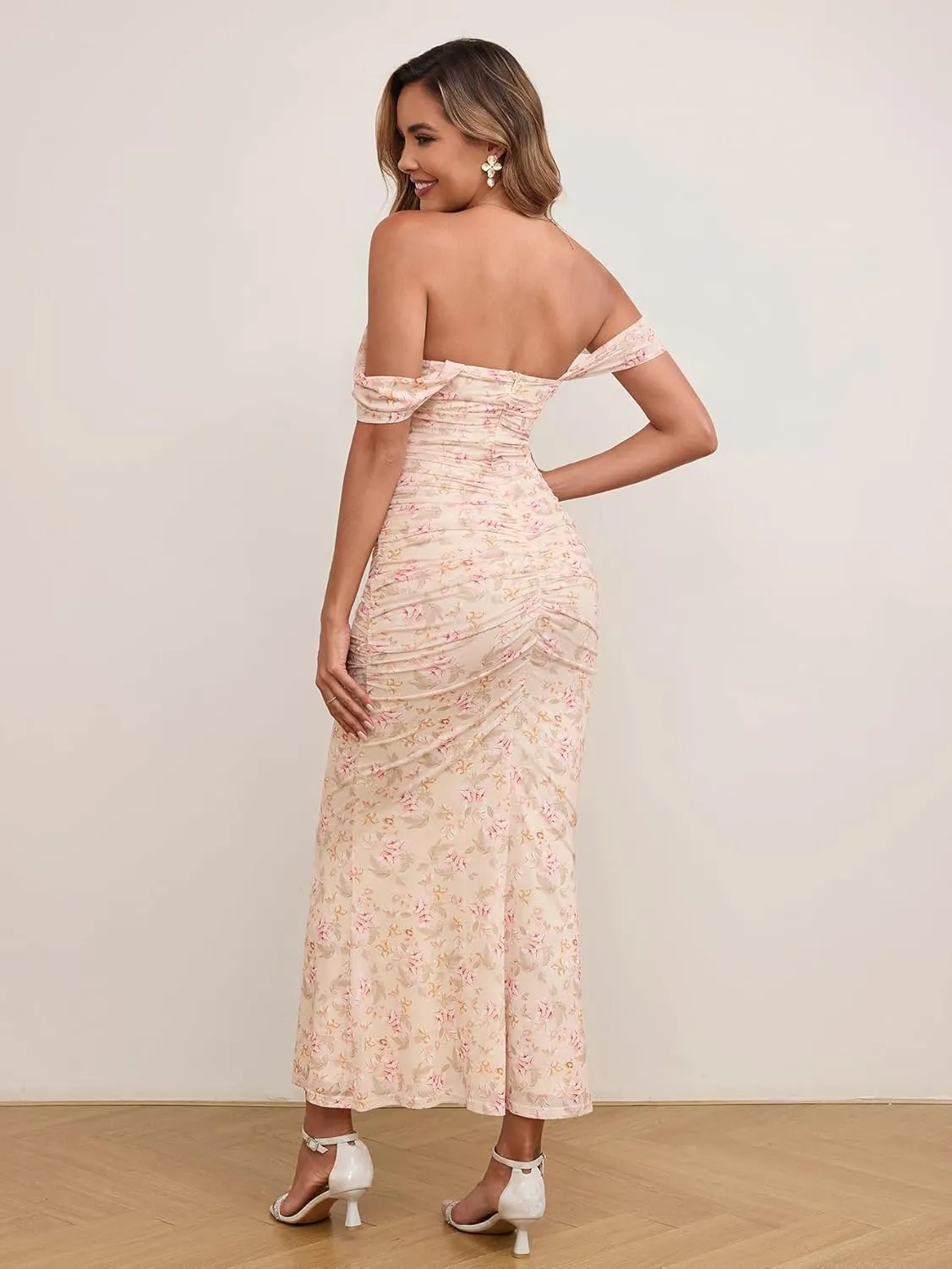 KUTUMAI Off The Shoulder Maxi Long Dress Corset Ruched Bodycon Formal Wedding Guest Dresses for Women