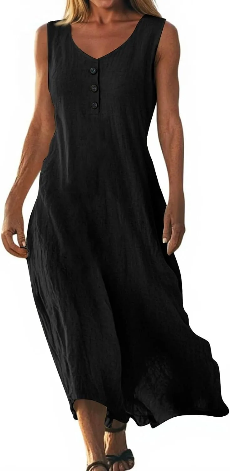 Linen Cotton Beach Dress for Women 2025 Summer Button Shirt Dress Casual Round Neck Dressy Trendy Long Dresses