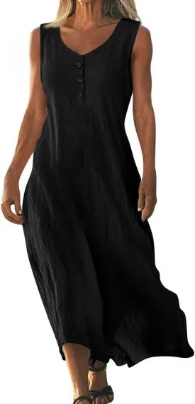 Linen Cotton Beach Dress for Women 2025 Summer Button Shirt Dress Casual Round Neck Dressy Trendy Long Dresses