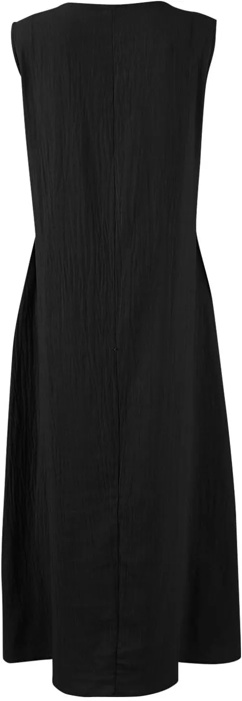 Linen Cotton Beach Dress for Women 2025 Summer Button Shirt Dress Casual Round Neck Dressy Trendy Long Dresses