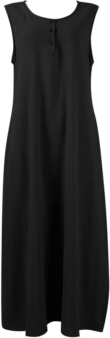 Linen Cotton Beach Dress for Women 2025 Summer Button Shirt Dress Casual Round Neck Dressy Trendy Long Dresses