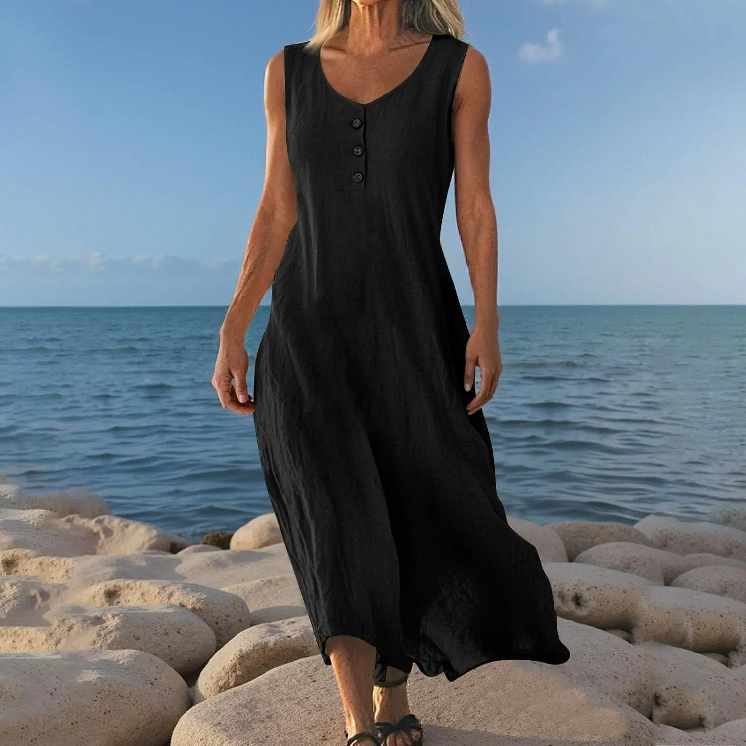 Linen Cotton Beach Dress for Women 2025 Summer Button Shirt Dress Casual Round Neck Dressy Trendy Long Dresses