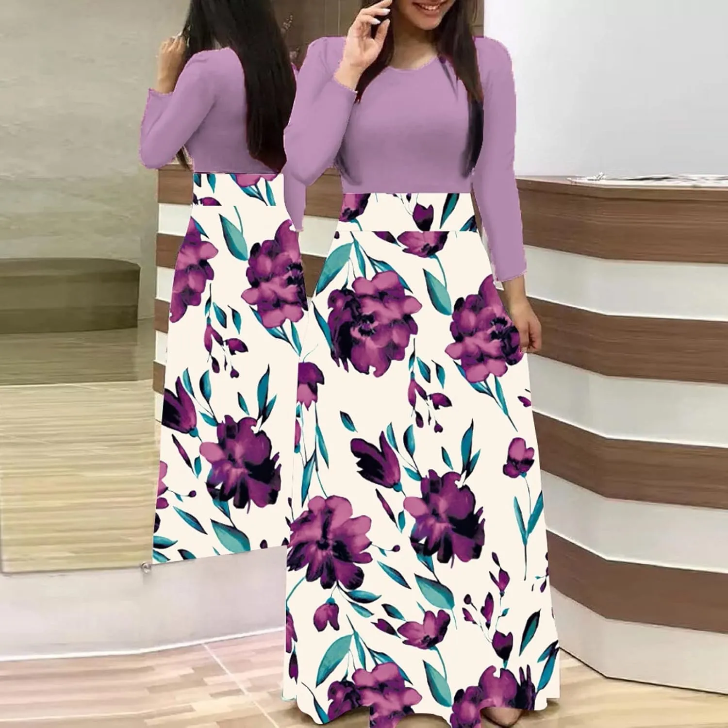 Long Sleeve Maxi Dress for Women 2024 Spring Summer Boho Floral Print Plus Size Floor Length Dress Casual Long Sundresses