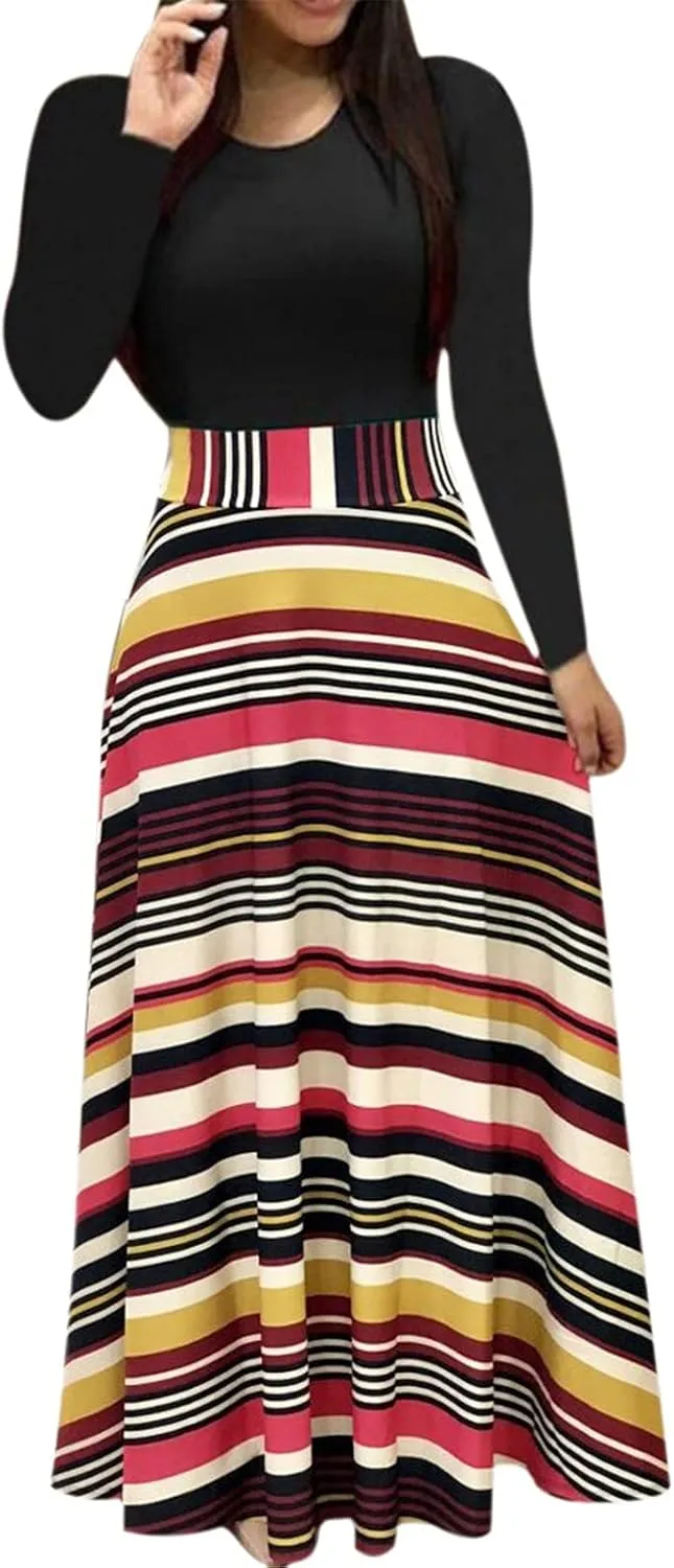 Long Sleeve Maxi Dress for Women 2024 Spring Summer Boho Floral Print Plus Size Floor Length Dress Casual Long Sundresses