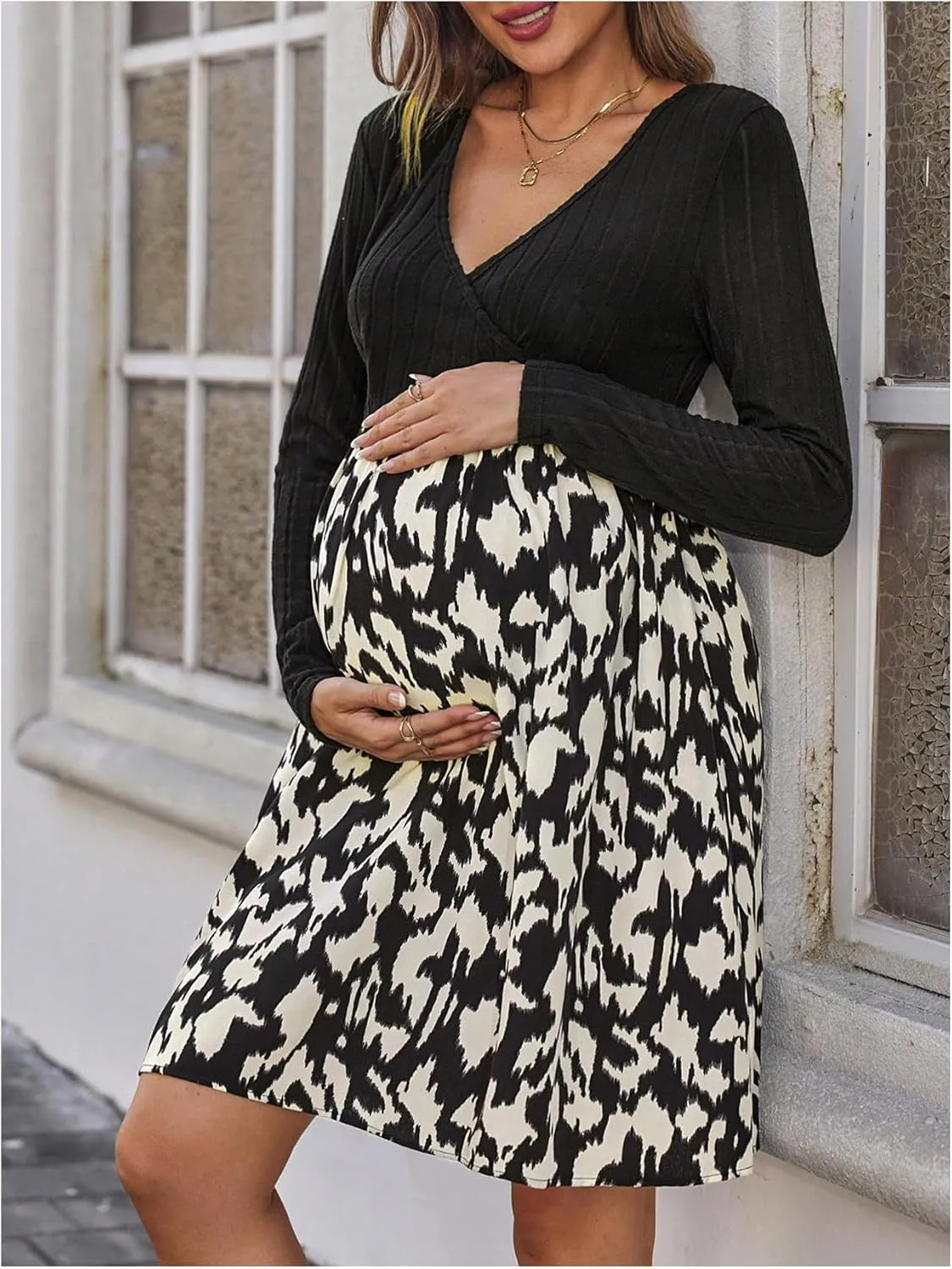 MakeMeChic Women's Maternity Dress Patchwork Printed V Neck Long Sleeve Pregnancy Mini Dresses