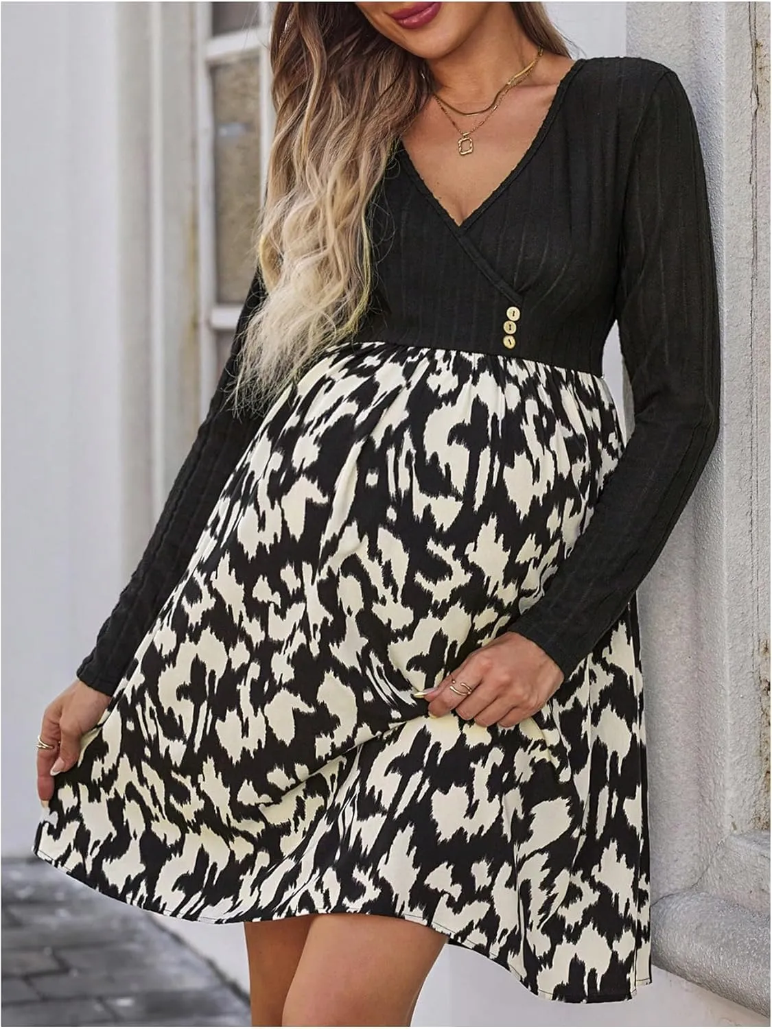 MakeMeChic Women's Maternity Dress Patchwork Printed V Neck Long Sleeve Pregnancy Mini Dresses