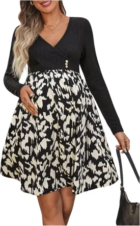 MakeMeChic Women's Maternity Dress Patchwork Printed V Neck Long Sleeve Pregnancy Mini Dresses