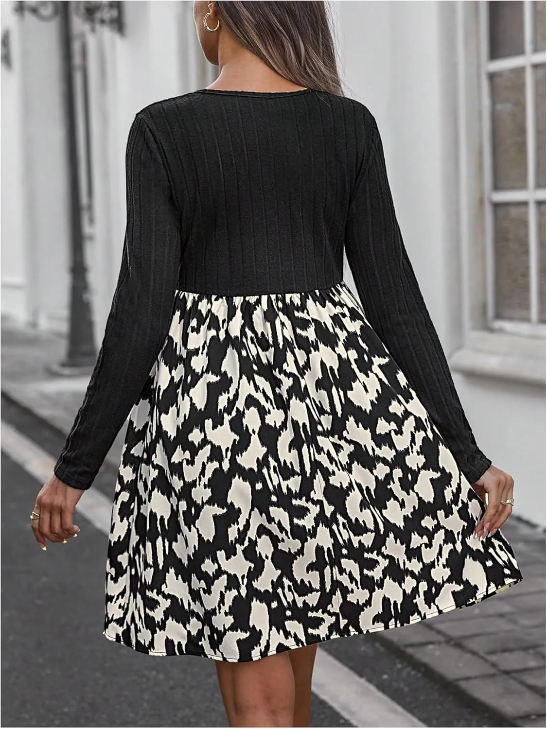 MakeMeChic Women's Maternity Dress Patchwork Printed V Neck Long Sleeve Pregnancy Mini Dresses