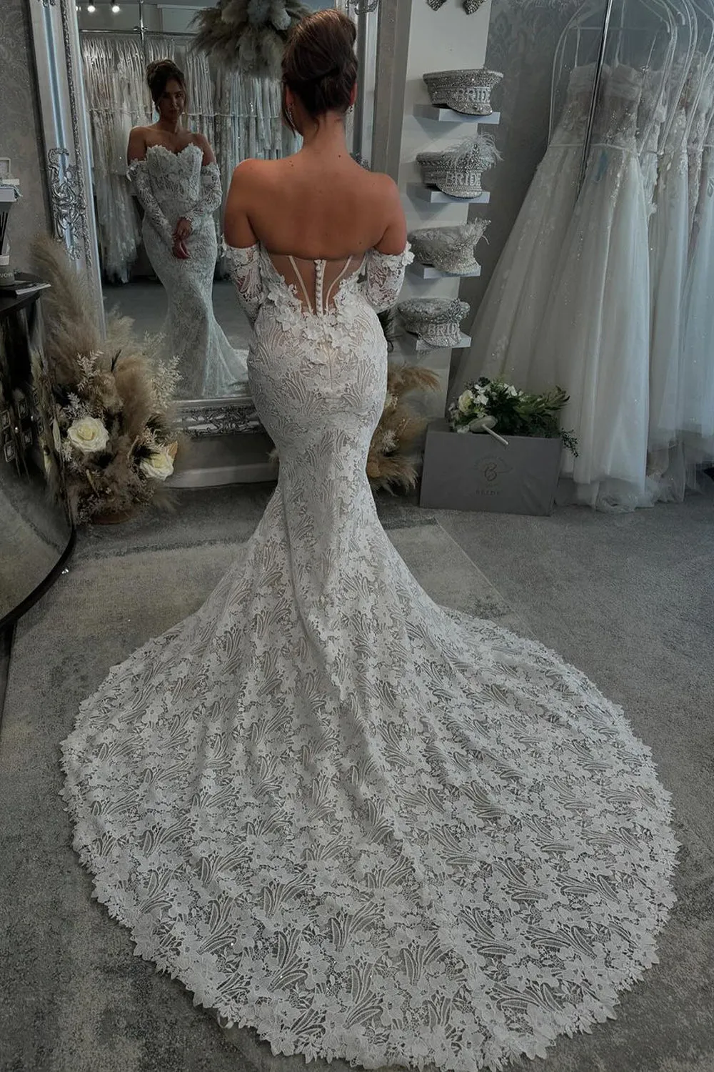 Mermaid Sweetheart Lace Long Wedding Dresses with Long Sleeves