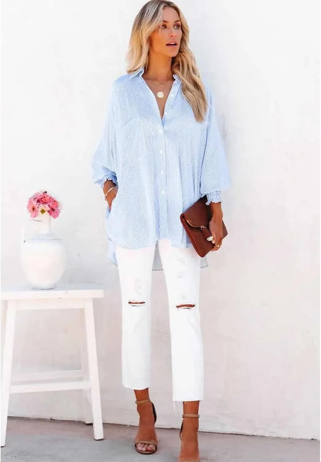 Mid-Length Shirt with Striped Lapel and Oversized Drawdown Sleeves, Casual Loose V Neck Button up Blouses for Women