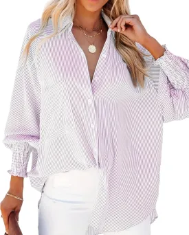 Mid-Length Shirt with Striped Lapel and Oversized Drawdown Sleeves, Casual Loose V Neck Button up Blouses for Women