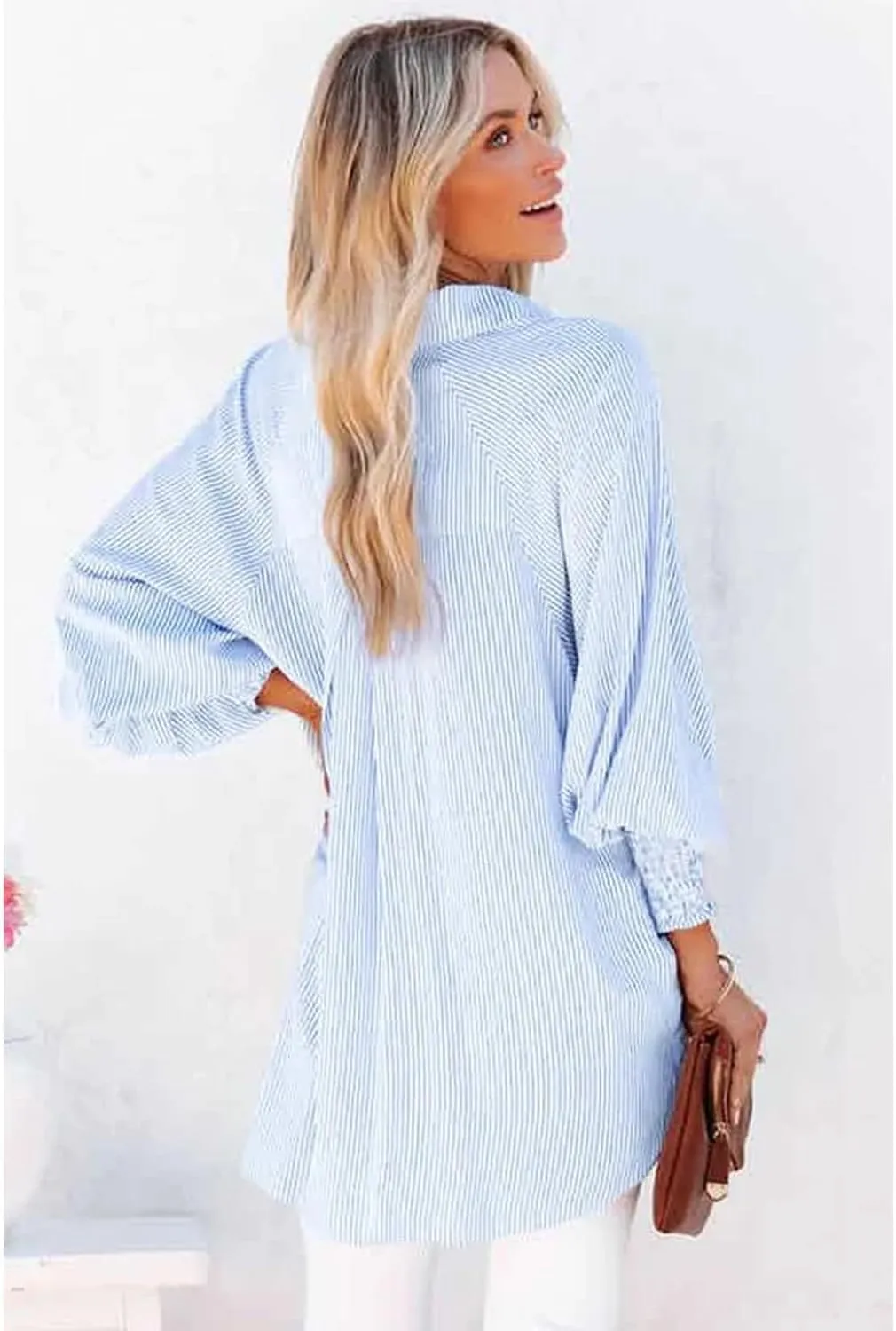 Mid-Length Shirt with Striped Lapel and Oversized Drawdown Sleeves, Casual Loose V Neck Button up Blouses for Women