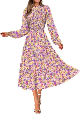 NOLLSOM Women 2025 Spring Dress Floral Boho Dress Casual Long Sleeve Crew Neck Ruffle A-Line Flowy Wedding Guest Maxi Dresses