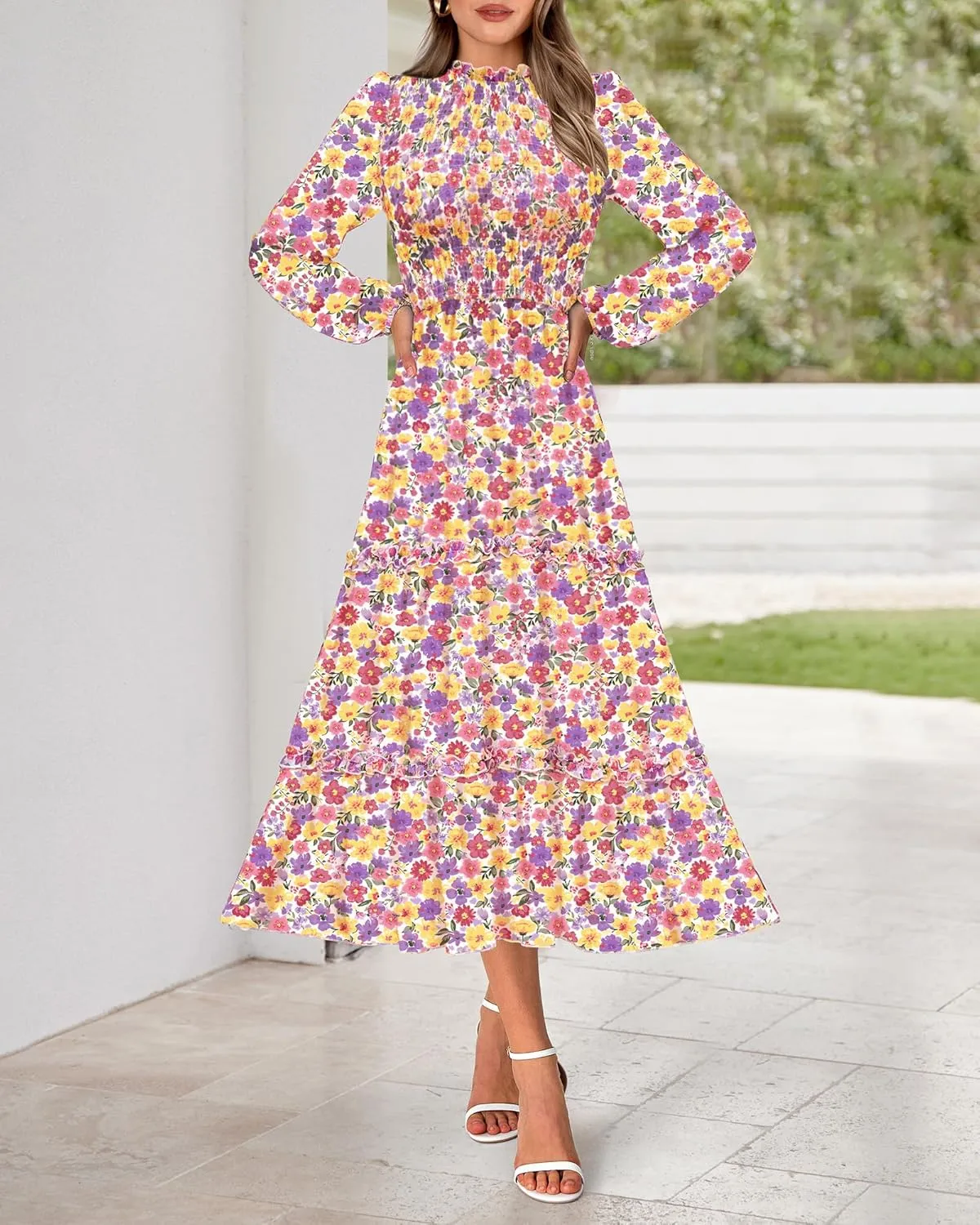 NOLLSOM Women 2025 Spring Dress Floral Boho Dress Casual Long Sleeve Crew Neck Ruffle A-Line Flowy Wedding Guest Maxi Dresses