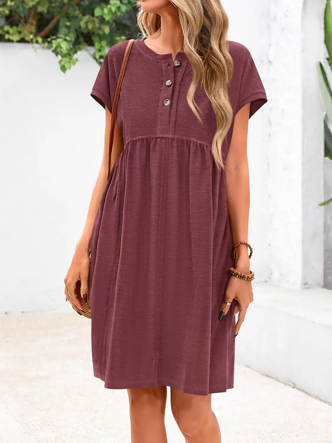 NOLLSOM Women's Summer Dresses 2025 Cap Sleeves Button Down Solid Oversized Short Dress Tshirt Mini Dress with Pockets