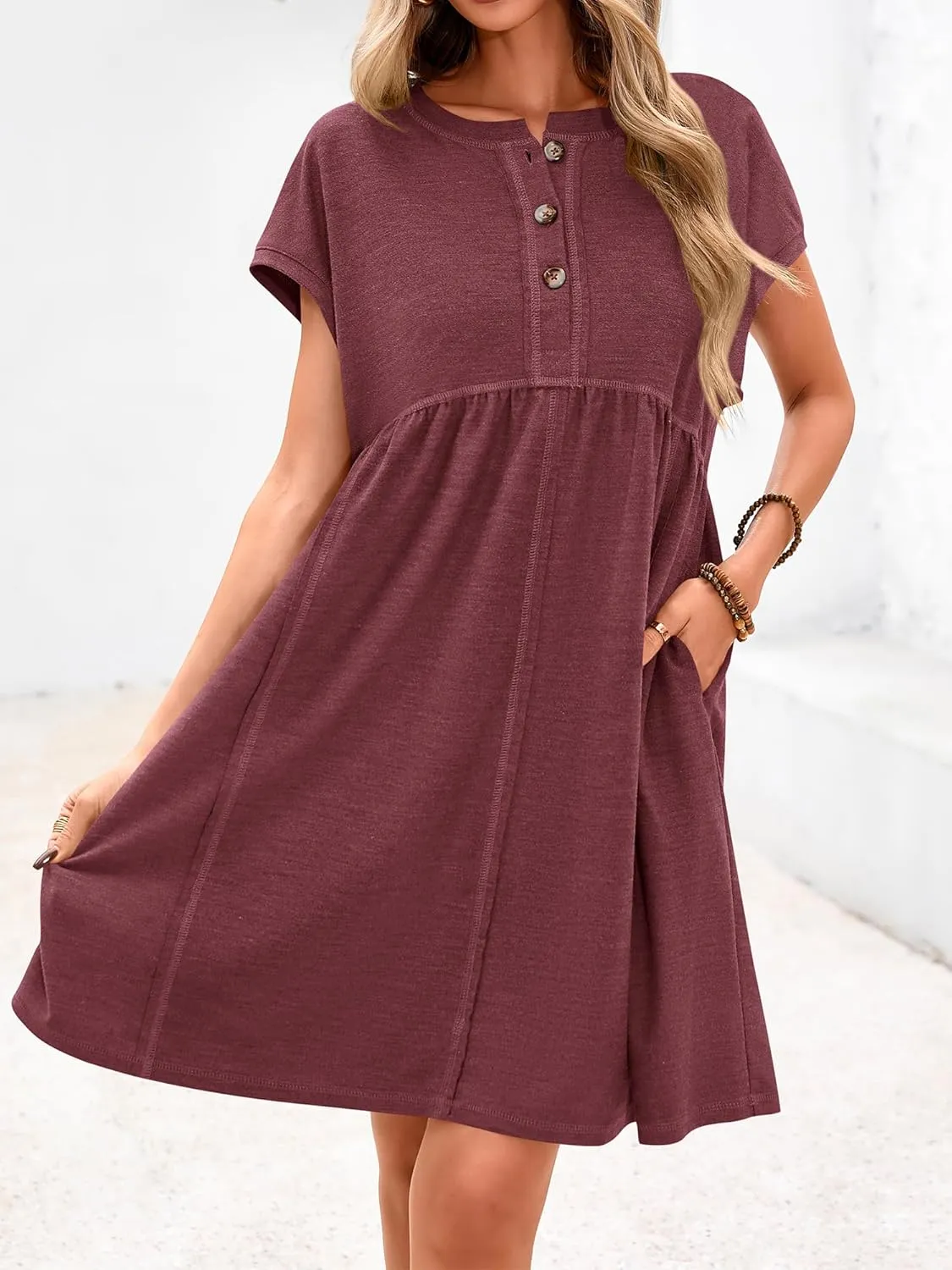 NOLLSOM Women's Summer Dresses 2025 Cap Sleeves Button Down Solid Oversized Short Dress Tshirt Mini Dress with Pockets