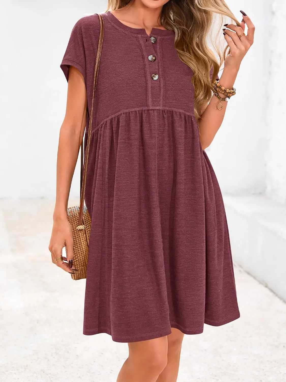 NOLLSOM Women's Summer Dresses 2025 Cap Sleeves Button Down Solid Oversized Short Dress Tshirt Mini Dress with Pockets