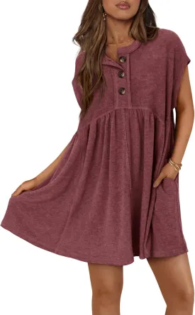 NOLLSOM Women's Summer Dresses 2025 Cap Sleeves Button Down Solid Oversized Short Dress Tshirt Mini Dress with Pockets