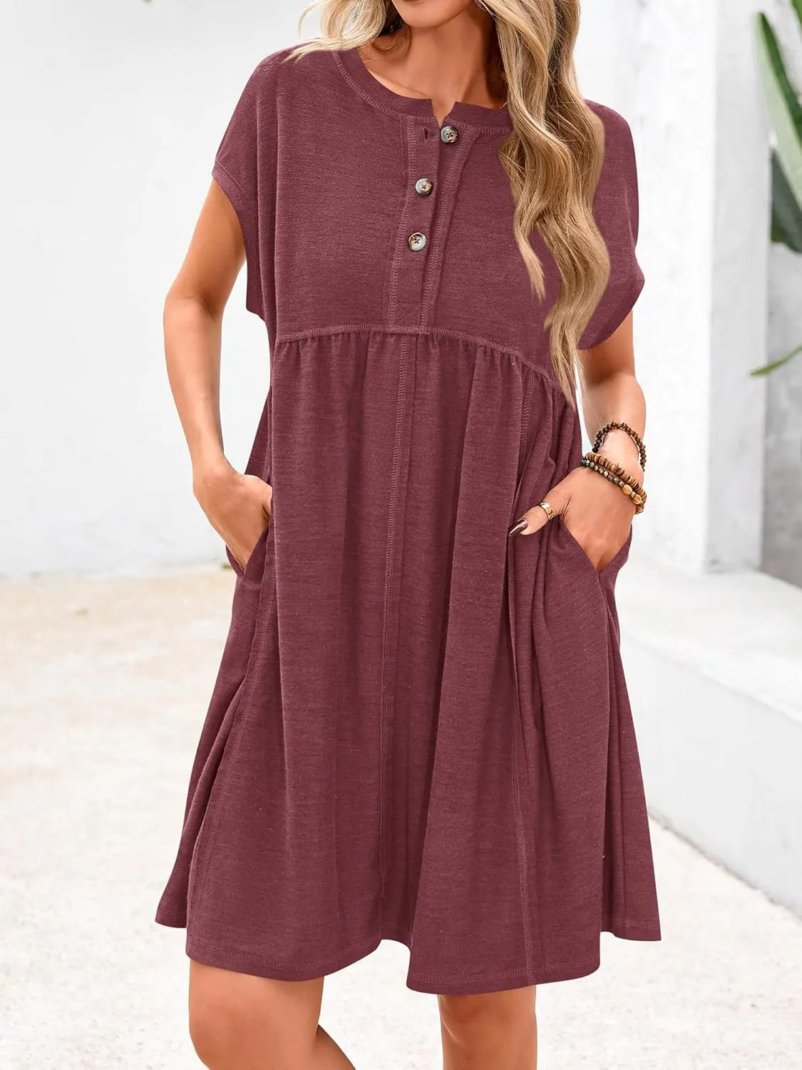 NOLLSOM Women's Summer Dresses 2025 Cap Sleeves Button Down Solid Oversized Short Dress Tshirt Mini Dress with Pockets