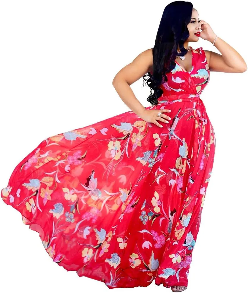 Nuofengkudu Womens Chiffon Deep V-Neck Stripe Printed Maxi Dress Unique Loose Summer Boho Dresses High Waiste(S-5XL)