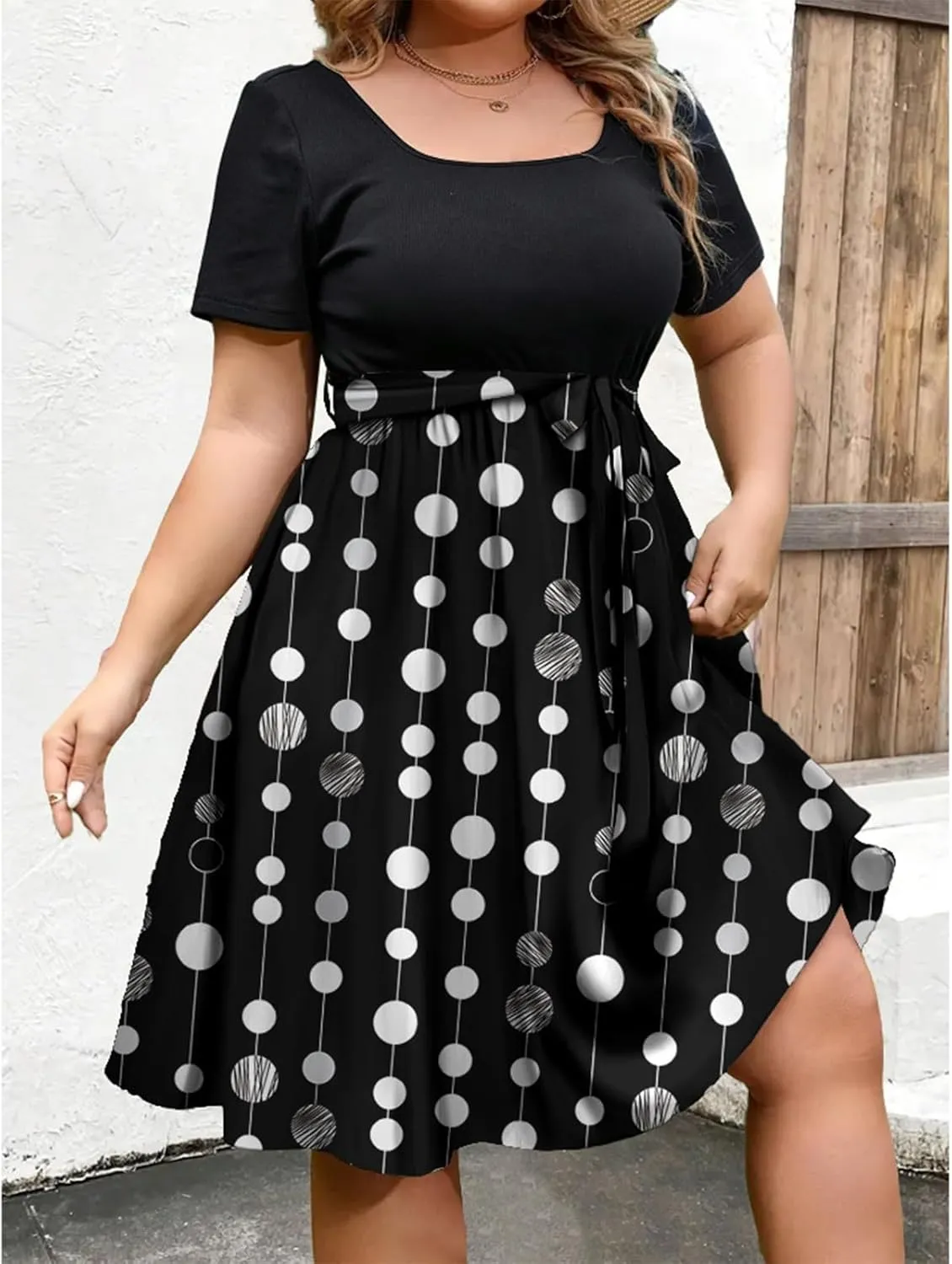 Plus Size Summer Dresses for Women Short Sleeve Empire Waist Semi Formal Floral Dress Midi Length Belted Sundresses