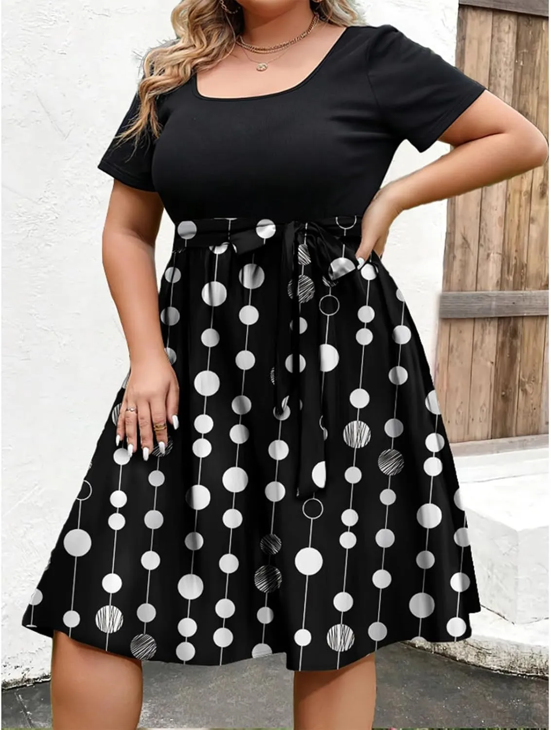 Plus Size Summer Dresses for Women Short Sleeve Empire Waist Semi Formal Floral Dress Midi Length Belted Sundresses