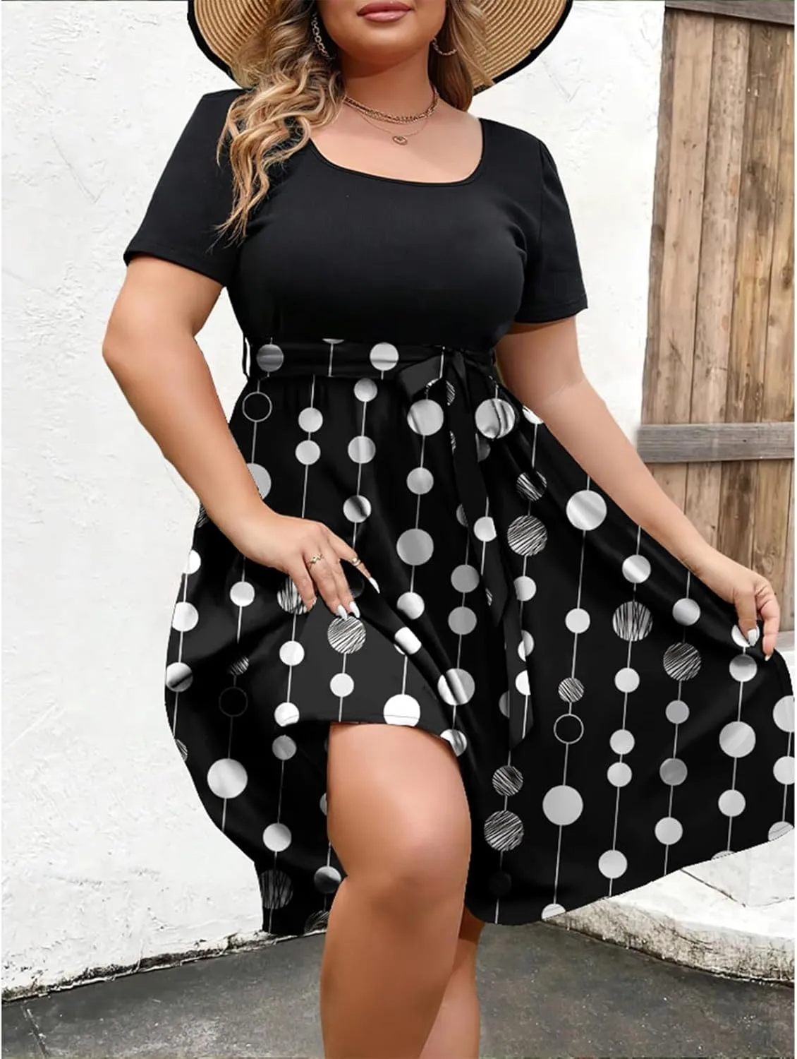 Plus Size Summer Dresses for Women Short Sleeve Empire Waist Semi Formal Floral Dress Midi Length Belted Sundresses